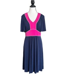 Vicky Tiel Navy Blue Hot Pink Midi Dress Small Short Flutter Sleeve V Neck NWT
